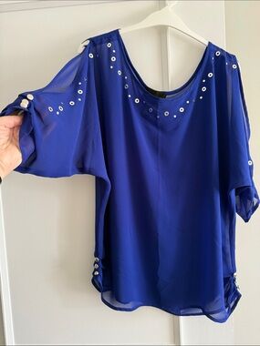 Frank Lyman Design Royal Blue Eyelet Cold-Shoulder Blouse